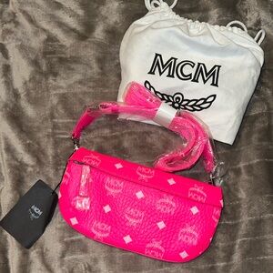 NEW MCM MXZ 9AVI34 Visetos Small Coated Canvas Crossbody Waist Bag pink belt bag